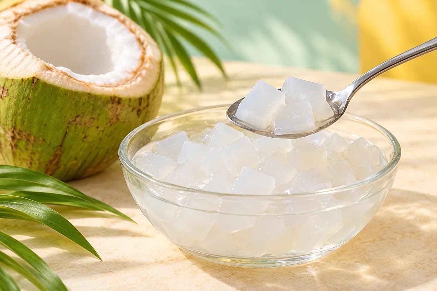 Illustration of translucent nata de coco pieces in a glass bowl beside an opened coconut
